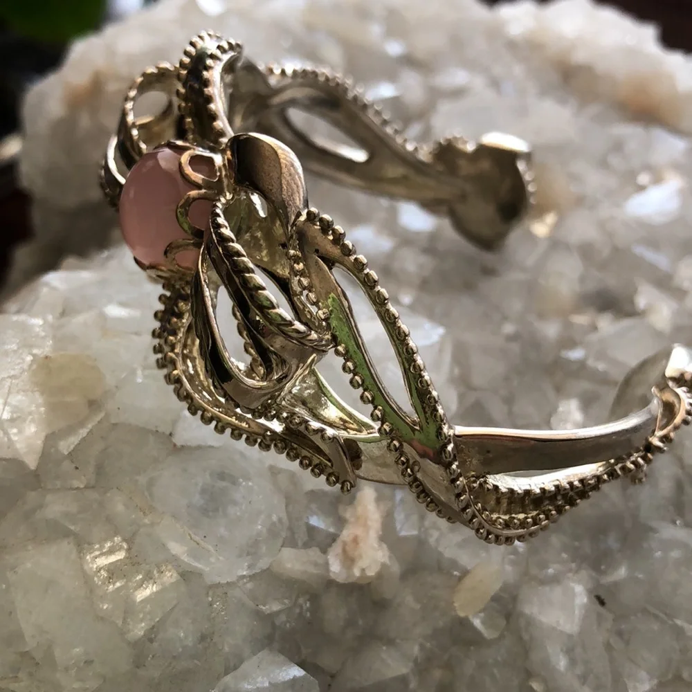 Carolyn Pollack Sterling Silver Genuine Pink Chalcedony Bow Cuff Bracelet Boho